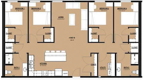Floor plan for 4 beds, 2 baths, 1465 sqft